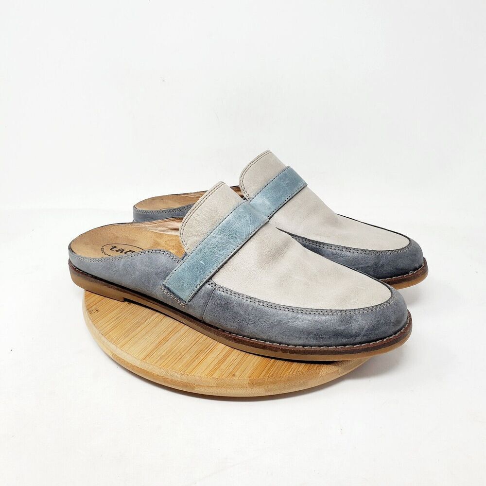 Taos Footwear Blue and Gray Mules
